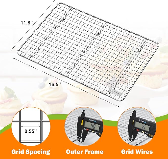 Cooling Rack,Heavy Duty 16.5'' x 11.8'' Wire Rack for Cooking and Baking | Fits Half Sheet Pans,Dense Cross-Hatched Grid,Thick Frame,for Baking Cookies,Cakes,Bread,Roasting and Oven Cooking-Silver