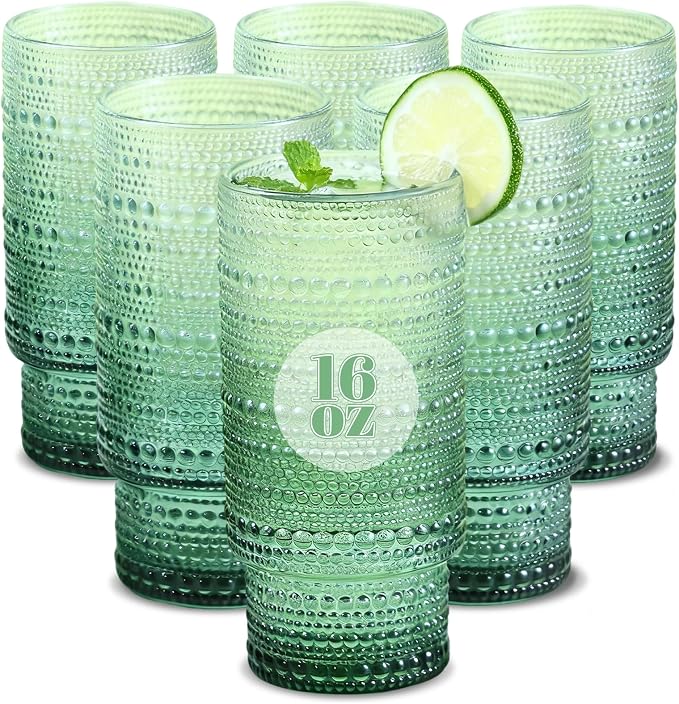 Large Capacity 16 oz Hobnail Drinking Glasses Set of 6, Vintage Glassware Drinking Glasses, Gradual Dark Green Water Glasses Tumbler, Cups for Kitchen, Juice, Beer, Cocktail, Whiskey