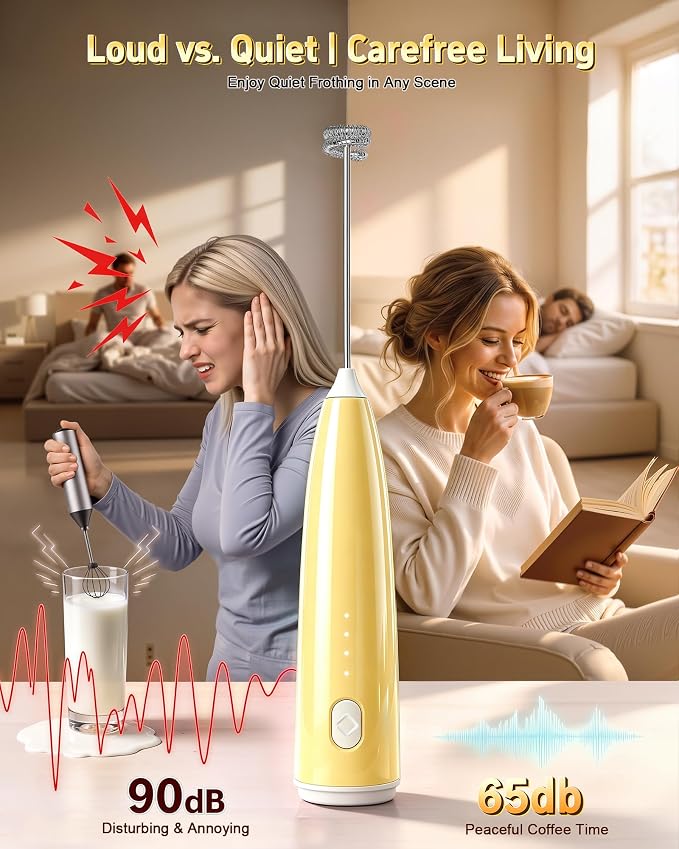 Milk Frother Handheld,Portable Electric Drink Mixer&Wand,Egg Whisk (Yellow) | USB C Rechargeable | 3 Detachable Whisks | 3 Adjustable Speeds | Quiet Operation | For Coffee, Latte, Matcha,protein powder
