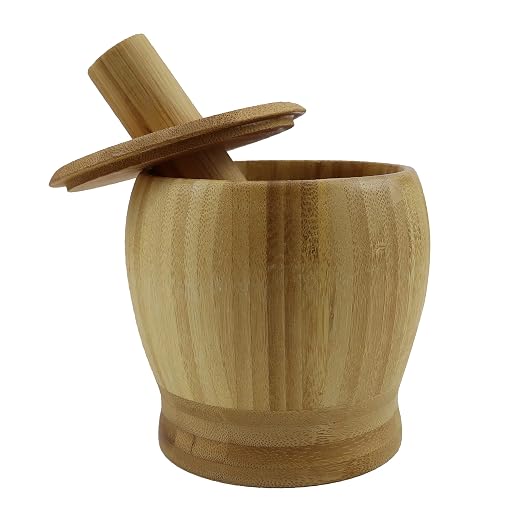 EIKS Bamboo Mortar & Pestle with Lid, Seasoning Crusher Bowl | For Grinding Garlic, Spices, Herb, Ginger, Peppercorns, Sesame, Kitchen Tool