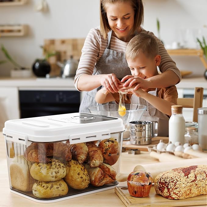 Olimingse Bread Box For Kitchen Countertop, Airtight Bread Storage Container, Bread Keeper For Homemade Bread, Cookies, Cereal, Fruits, 10L White.