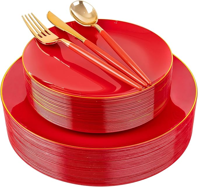 DaYammi 150Pcs Red Plastic Plates with Gold Rim,Fancy Disposable Dinnerware Set with Red Handle Gold Cutlery, Includes 30 Dinner Plate,30 Dessert Plate,30 Knives,30 Forks,30 Spoons for Party Wedding