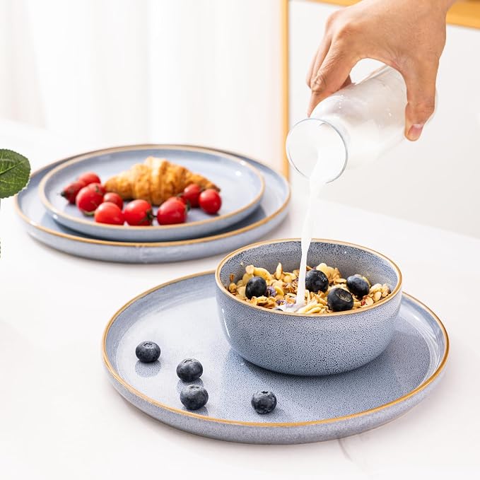 GBHOME Dinnerware Sets for 4, 12 Pieces Ceramic Plates and Bowls Set | Scratch Resistant Stoneware Dishes Set, Dishwasher & Microwave Safe, Reactive Glaze-Vista Blue