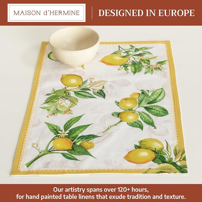 Maison d' Hermine Placemats Set of 4 Reusable 100% Cotton (13"x19") | Cloth Place Mats Washable Table Mats for Kitchen Dining Party Wedding Hotel Home Restaurant Spring Summer - Limoncello