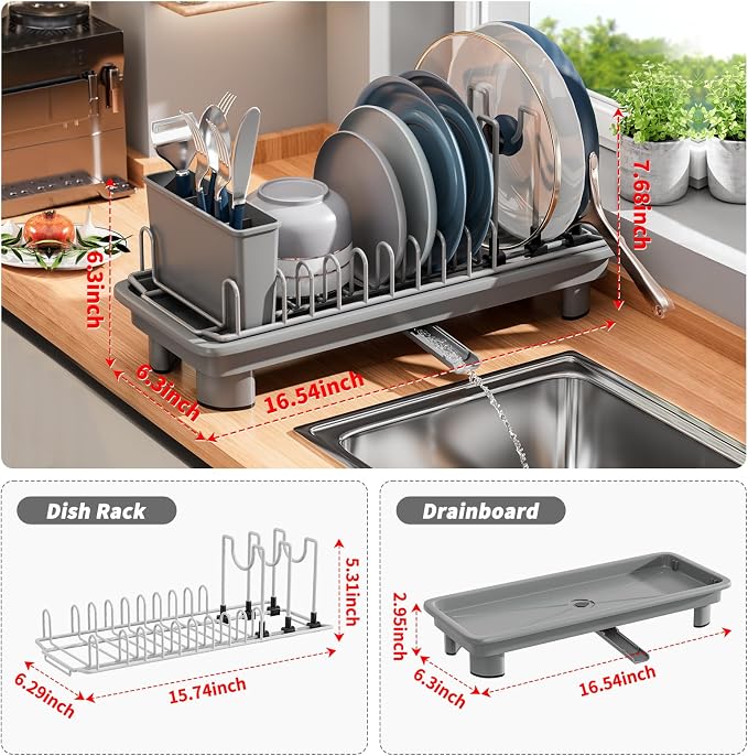 Small Dish Drying Rack, Stainless Steel with Drain Board & Utensil Holder | Anti-Scratch Base, Space Saving Design for Kitchen Counter, Grey