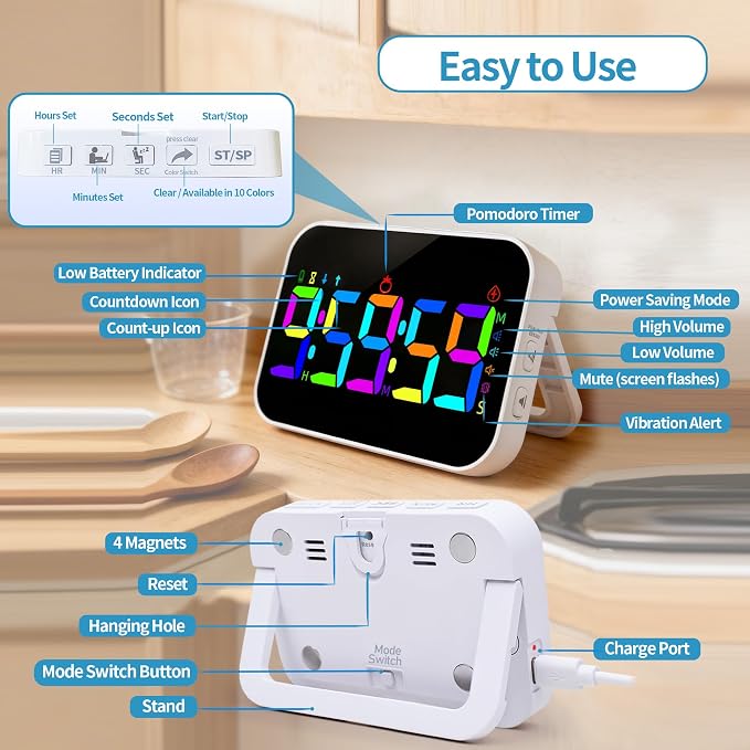 Kitchen Digital RGB Timer, Count Down Up, Rechargeable, Vibration Mode Adjustable Volume and Brightness LED Display, Time Management Cook, Desk, Kids Adults Study Teaching, Kitchen Gadgets