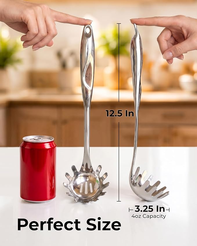Zulay Kitchen Stainless Steel Pasta Spoon | 12” Spaghetti Server with Teeth & Draining Holes - Rust-Resistant Pasta Fork for Noodles & Pasta - Dishwasher Safe Utensil