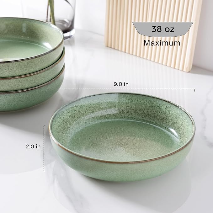 GBhome 8.75'' Large Ceramic Pasta Bowls, 38oz Stoneware Pasta Serving Bowls Set of 4 for Kitchen, Wide Bowls for Fruit,Pasta,Salad,Oatmeal,Meal, Microwave Safe, Reactive Glaze-Pastel Green