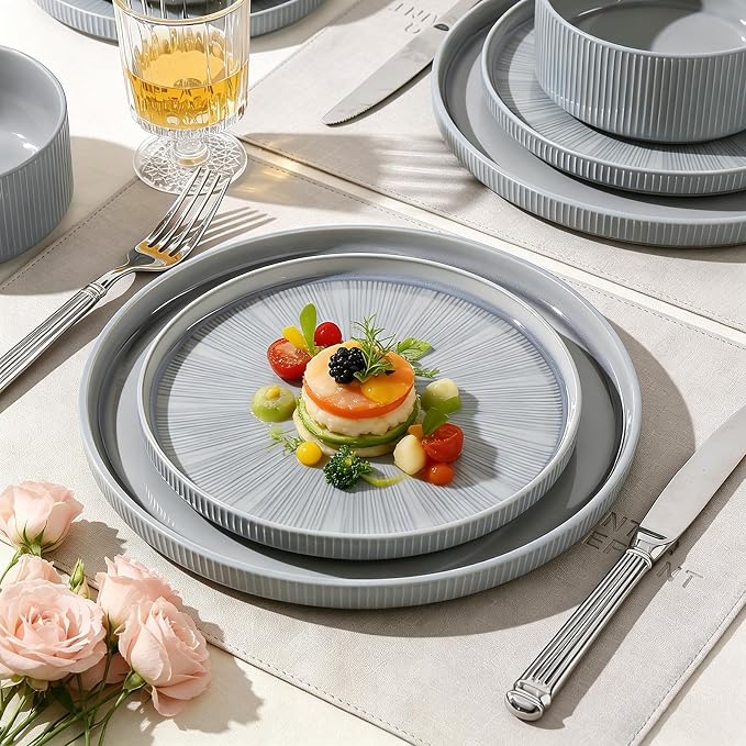 Stoneware Dinnerware Sets for 4, 12-Piece Plates and Bowls Set, Dusty Blue | Advanced Inkjet Printing Ceramic Dishes, Modern Minimalist Tableware, Scratch Resistant, Microwave and Dishwasher Safe