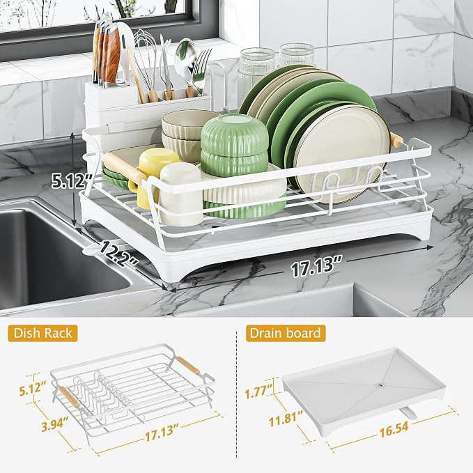 Epicano Dish Drying Rack for Kitchen Counter,Large Capacity,White | Raised Feet,Rustproof,Wooden Handle,Auto-Drainage System,Cup Holder & Knife Slots, Sink Storage Organizer