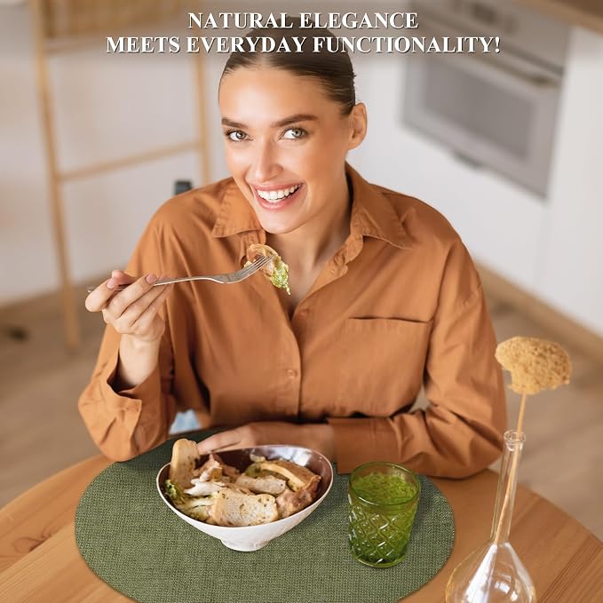 Aneco 50 Pieces Round Burlap Placemats 13.78 Inch Reusable Sage Green Table Mats Heat Resistant Natural Jute Fibers Placemats Burlap Circle Rustic Table Decorations for Dinner Holiday Farmhouse Decor