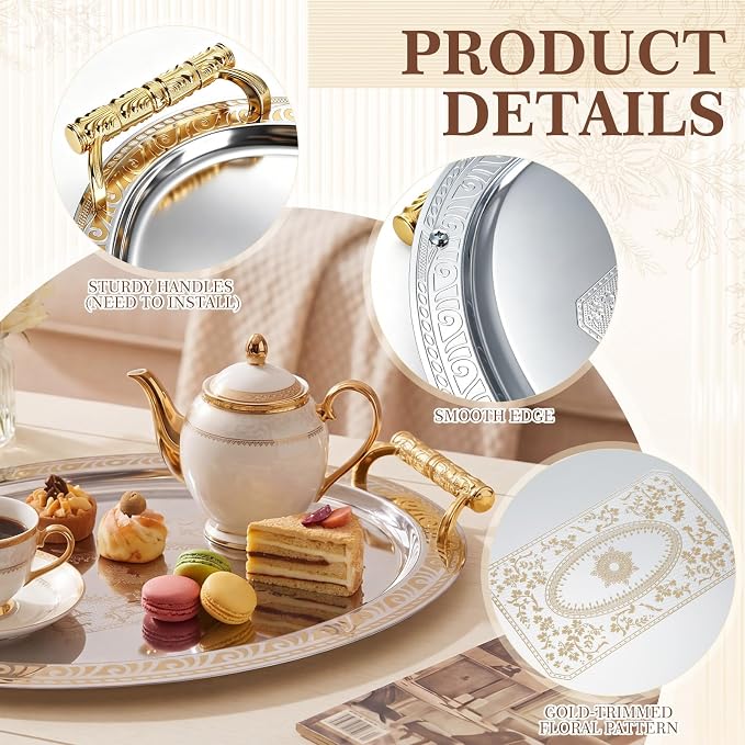 3 Pack Metal Serving Trays with Handles, Decorative Floral Platter Trays for Coffee Tea, Food, Dessert, Jewelry, for Buffet Wedding Party Kitchen Home Decor(Round,Silver, Gold)