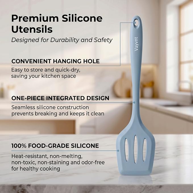 Vayvnt Silicone Cooking Utensil Set, 10PCS Utensils for Non Stick Pan, Blue | Heat Resistant 480℉, One-piece Design, Food Grade, Non Toxic Silicone Kitchen Utensils, Easy Cleaning, Dishwasher Safe