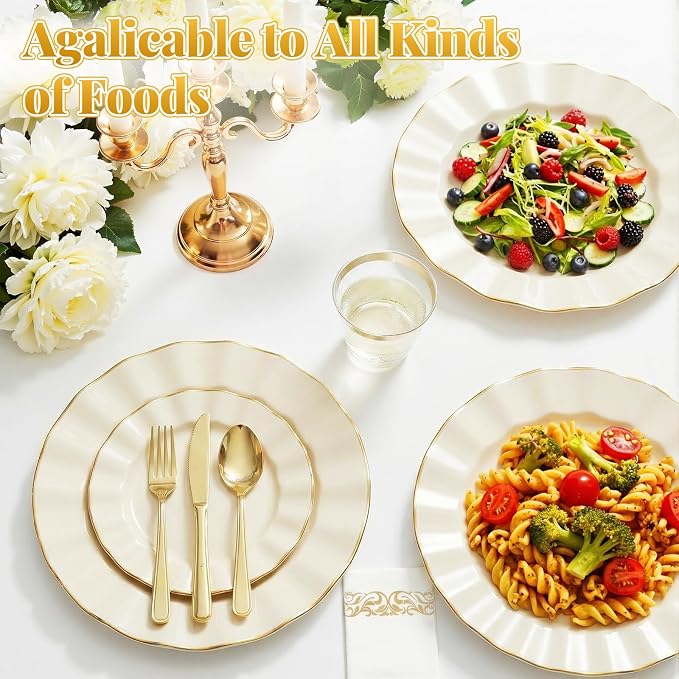 Glowserve 175 Piece Disposable Plastic Plates Dinnerware Set for 25 Guests | 50 Plastic Plates,25 Silverware Set,25 Cups and Napkins,Wedding Birthday,Family Party,Fancy Plastic Plates