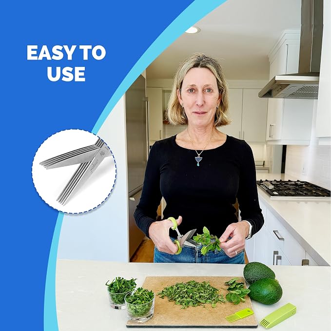 5-Blade Herb Scissors, Stainless Steel Kitchen Shears, Black | Cut & chop fresh herbs & leafy greens efficiently. Perfect salad scissors. Includes cleaning comb & safety cover.