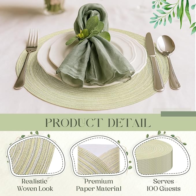 Geosar Disposable Paper Placemat Cotton Woven Look 13'',100 Pcs,Light Green