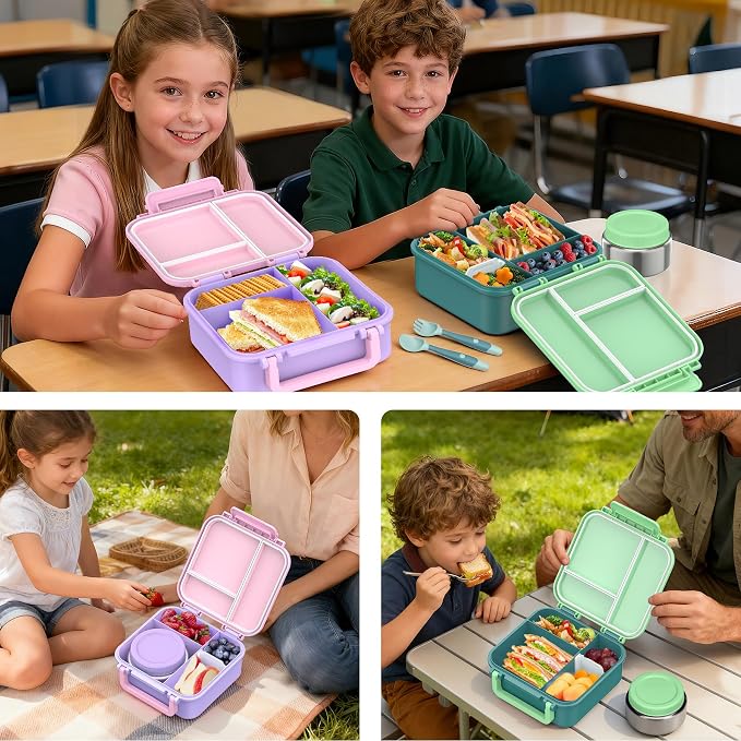 Kids Bento Lunch Box with Soup Thermo (9oz)– Hot & Cold Lunch Container with Leak Proof Insulated Food Jar for School Girls Boys, Ideal Size for Ages 3 to 7, Green