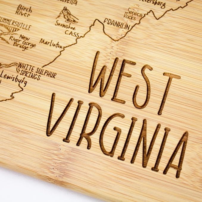 Totally Bamboo A Slice of Life West Virginia Engraved Map Cutting Board | 11” x 8.75” charcuterie board with engraved state map artwork. Smooth reverse side for food prep. Hang tie for wall display.