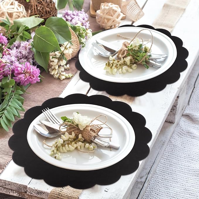60 Pcs Black Paper Placemats, 13.5 Inch Disposable Scalloped Placemat | Round Table Place Mats Decorative Paper for Birthday Party Graduation Celebration Wedding Banquet Bridal Shower Party
