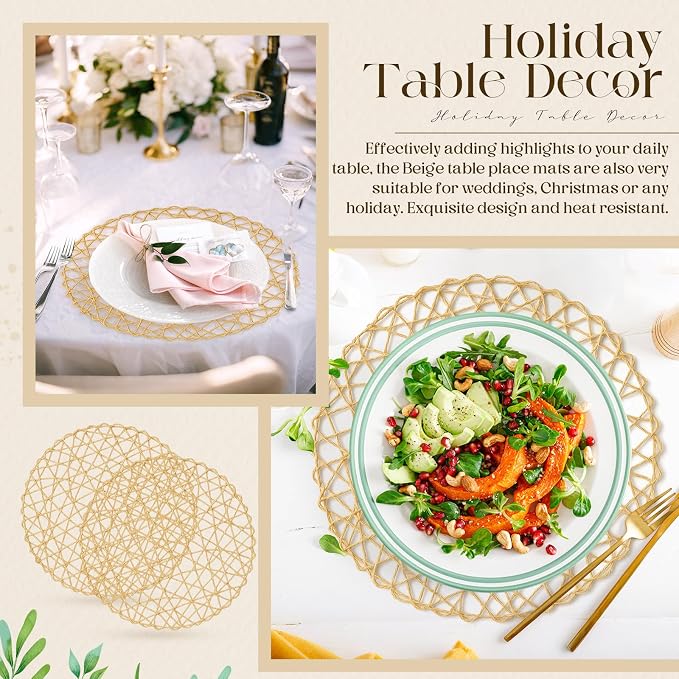 Geosar Round Woven Placemats Bulk Rustic Paper Braided Placemats Boho Natural Non slip Heat Resistant Table Mats for Wedding Party, Dinner Table Centerpiece Decoration, 13 Inch (White Beige,24 Pcs)