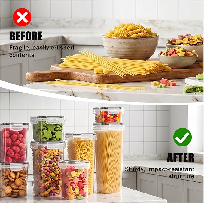 9 PCS Airtight Food Storage Containers with Lids, Plastic Kitchen and Organization Canisters for Cereal, Dry Food, Flour and Sugar, BPA-Free, PVC-Free, Includes Labels & Marker