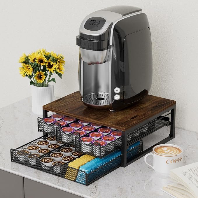 Coffee Pod Holder For Counter, 3 Pull-Out 72 K-Cup Holder Drawer, Wooden Cafe Pods Storage Organizer with Sliding Drawers for Coffee Station, Home, Kitchen, Office, Dorm (Antique Finish)