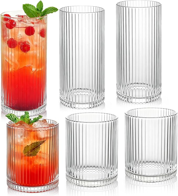 Ribbed Drinking Glasses 6pcs, 12oz and 10oz Glassware, Tumbler Glasses Cup Set for Wedding, Party, Christmas Gift, Clear