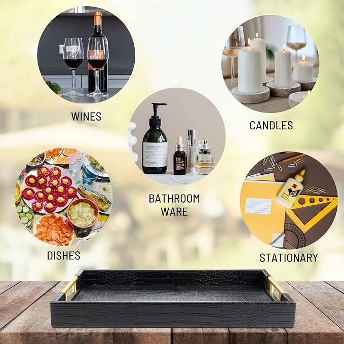 ATZYmolin 17"x12" Leather Serving Tray, Gold Handle Vanity Platter, Black | Rectangle Ottoman Decor Tray, Polished Metal Handles, Coffee Table Bathroom Home Decorative Wood Tray