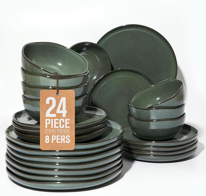 Large Holiday Dinnerware Sets for 8, Ceramic Plates and Bowls Set, Kitchen Dish Set, Microwave & Dishwasher Safe Dishware, Perfect for Christmas & Thanksgiving, Forest Green