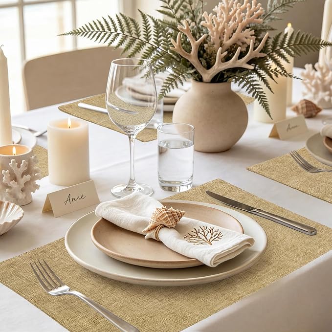 Faux Cotton Linen Placemats Set of 8, Cloth Washable Farmhouse Dining Table Mats for Indoors & Outdoors, Easy to Clean, Linen, 13 x 19 Inch