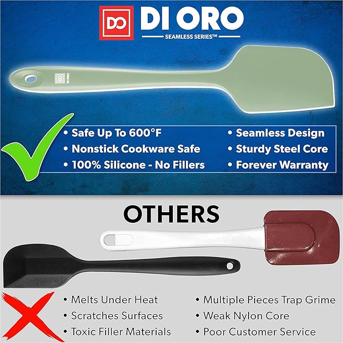 DI ORO Large Silicone Spatula - 600F Heat Resistant, Sage | Rubber scraper for baking, mixing, and frosting; Won't scratch nonstick pots and pans; BPA-free and dishwasher safe