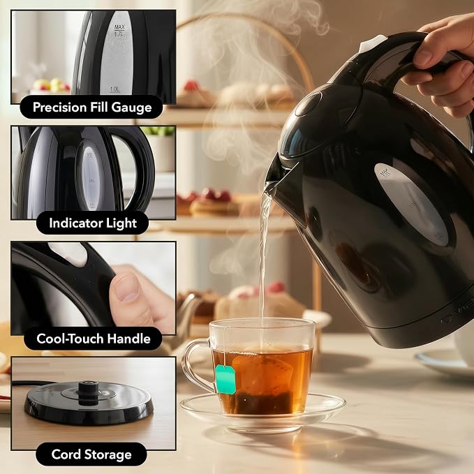 OVENTE 1.7L Electric Kettle with 1100W Fast Boiling Water, Black KP72B | Best For Coffee or Tea, BPA-Free, Water Level Gauge, Auto Shut-Off, Indicator Light, Boil-Dry Protection & Removable Filter