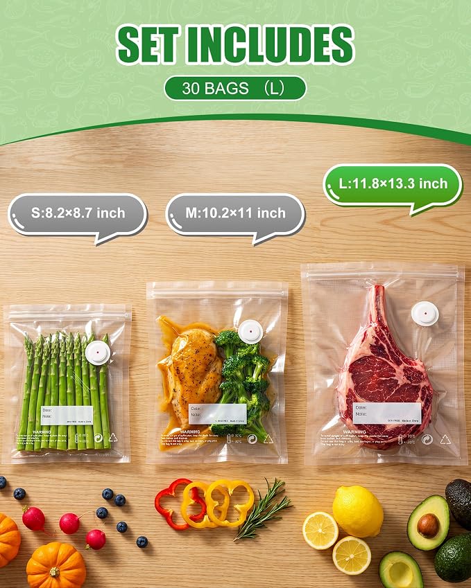 RIWUSI 30PCS Reusable Vacuum Sealer Bags for Food with Air Valve & 10 Seal Clips – Large (11.8 x 13.3 in), BPA Free Food Storage Bags,Lock in Food Freshness for Freezer, Microwave, Sous Vide Cooking