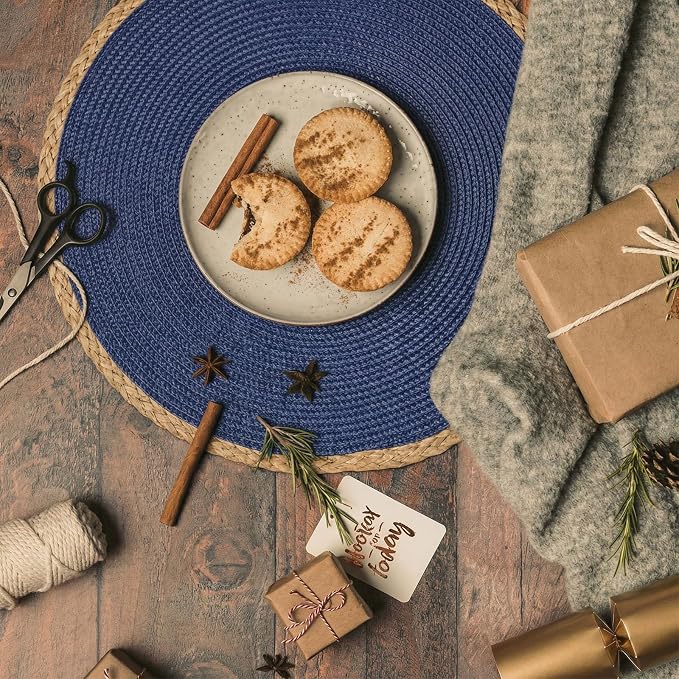 Round Placemats Set of 6, Woven Table Mats, Thin Edge, Navy Blue | Braided Paper Edge, 15 Inch Diameter, Fits Dinner Plate and Flatware, Wipeable, Heat Resistant, Indoor Dining, Outdoor Patio