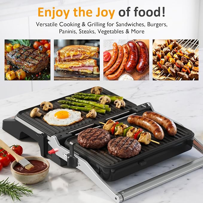 SUNVIVI 3-in-1 Electric Grill Indoor, Panini Press & Sandwich Maker with Removable Plates, 1600W, 8 Cooking Modes, 180° Flat Opening, Adjustable Temp, Ceramic Nonstick Dishwasher Safe, Stainless Steel