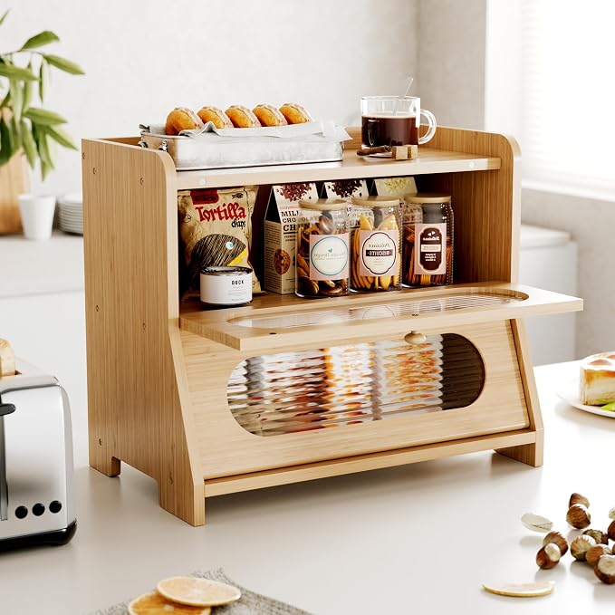 Bread Box,Extra Large 2-Tier Bamboo Bread Box for Kitchen Countertop,Bread Storage Container with Magnetic Acrylic Door for Homemade Bread,Under Cabinet,Pantry Organizer(Natural)