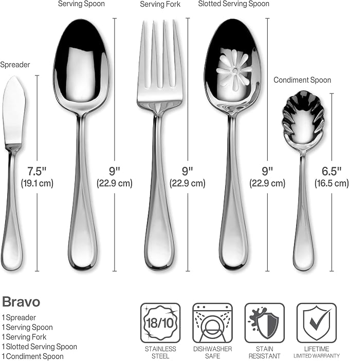 Mikasa Bravo 65-Piece Flatware Set, Service for 12, 18/10 Stainless Steel Silverware with Mirror Finish, Includes 5 Serving Utensils, Dishwasher Safe (Pack of 2)
