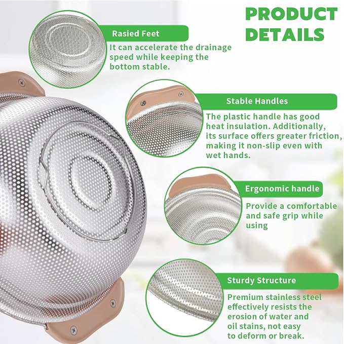 Colander Set with Plastic Handles, Stainless Steel Micro-Perforated Colanders Strainers for Draining Rinsing Washing, Ideal for Pasta Vegetables Fruits, Heavy Duty & Dishwasher Safe
