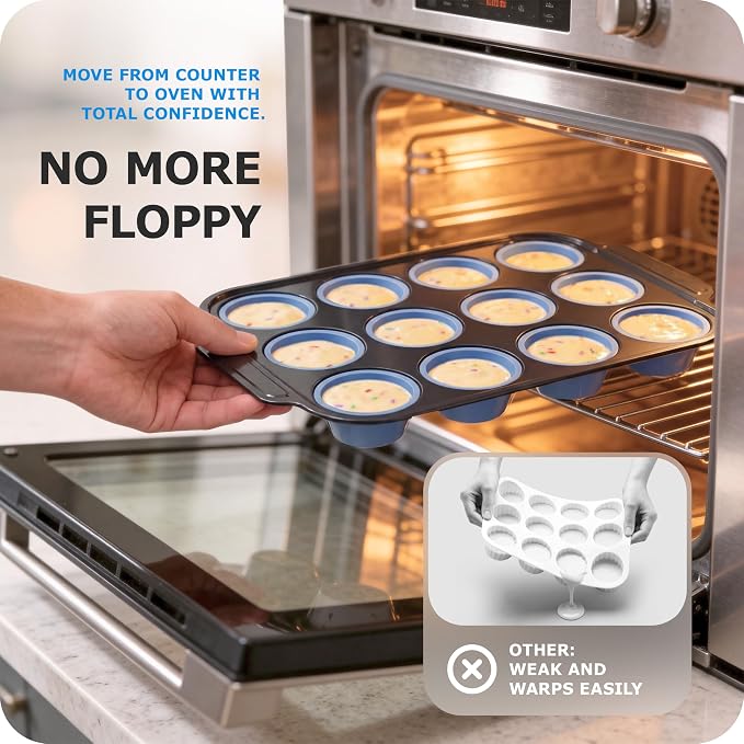 Silicone Muffin Pan for Baking with Metal Frame, 12 Cup Regular Size Cupcake Pan, Nonstick Food Grade Silicone Muffin Tin for Baking, Easy Release Egg Bite Molds, BPA Free