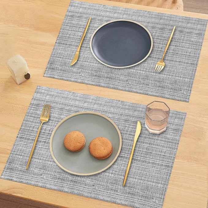 Grey Placemats Set of 4, 12x18 Inch Washable Easy to Clean Heat-Resistant Anti-Skid Grey Placemats for Holiday Party Kitchen Dining Room Decoration