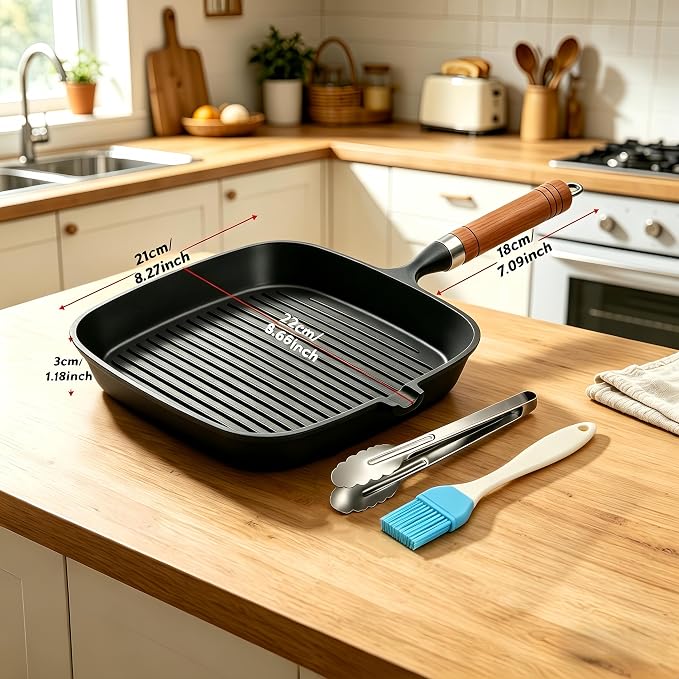 Cast Iron Grill Pan, 8.6" Griddle Pan Skillet with Pour Spout for Searing Steak