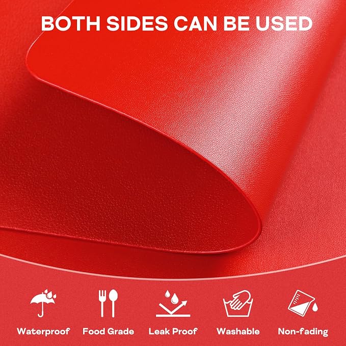 Faux Leather Placemats Set of 6 Waterproof Table Mats with Coaster | 17×12 In Heat Resistant Place Mats Set of 6 Wipebale & Washable Table Placemats for Kitchen Dining Indoor & Outdoor BrightRed