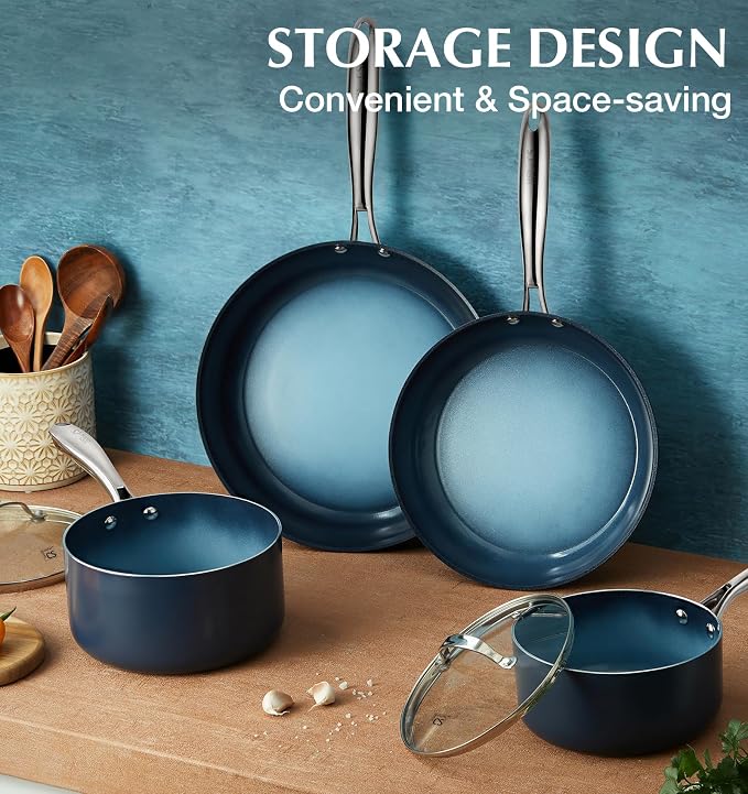 KOCH SYSTEME CS Nonstick Sauce Pan with Lid 1QT & 2QT & 3QT, 6pcs Nonstick Saucepan Set with Cool-Touch Handles, Pot Set with Ceramic Coating, Induction Compatible Sauce Pan, Oven Safe, Gradient Blue
