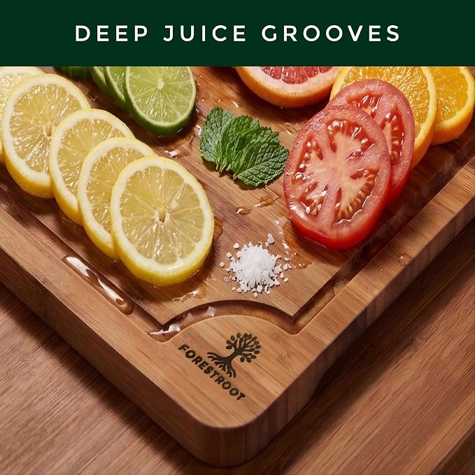 Bamboo Cutting Board for Kitchen, 3-Piece Carbonized Bamboo Chopping Board with Juice Groove, Side Handles, Bamboo Butcher Block Board for Meat, Vegetables & Fruits