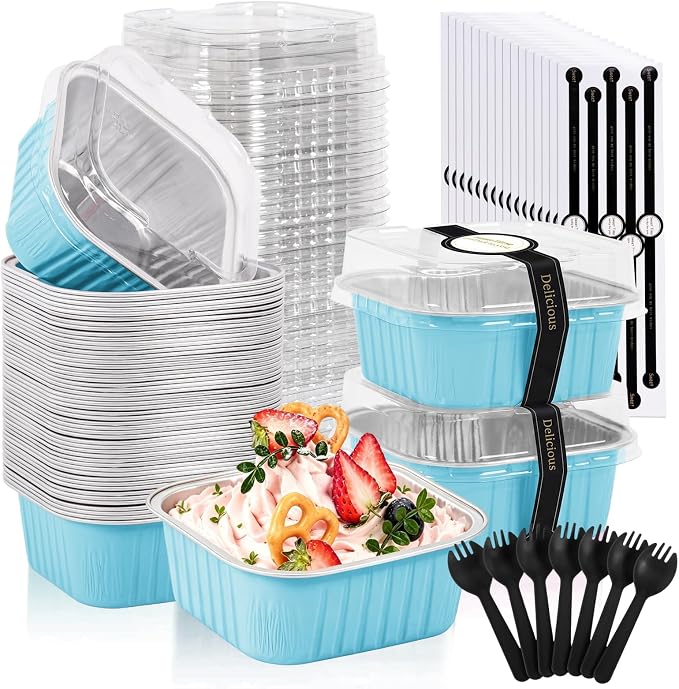 50 Pack Mini Cake Pans With Lids And Spoons,5oz Square Aluminum Foil Brownie Baking Cups,Small Cake Tins,Individual Cake Pans With Lids for Wedding Birthday Party (Blue)