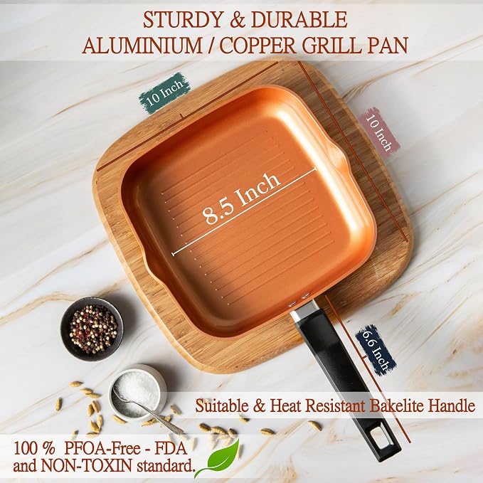 Moss & Stone 9.5" Grill Pan For Indoor Cooking, Induction Copper Pan | Aluminum Square Frying Pan Copper, Non-Stick Sauté Fry Pan for Meats & Vegetables, Griddle Nonstick Stove Top Grill Pan