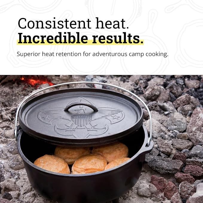 Lodge Seasoned Cast Iron Camp Dutch Oven with Lid - 6 Quart - Dual Handles - Seasoned Cast Iron Cookware with Steel Handle & Strong Lid for Heavy-Duty Camping Cookware - Boy Scouts of America