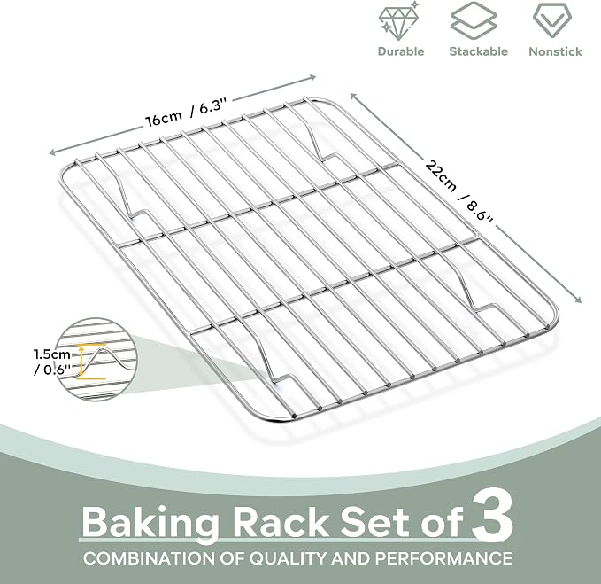 Herogo 8.6” x 6.3” Cooling Rack, 3 PCS Mini Stainless Steel Baking Racks | Rust-resistant & Heavy-duty, Oven & Dishwasher Safe, Baking Cooking Wire Rack, for Cookie Bread Bacon