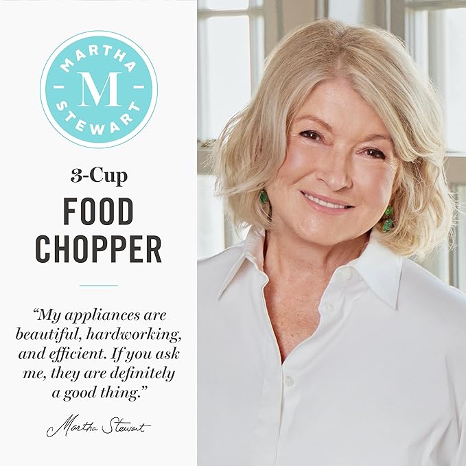 Martha Stewart 3 Cup Electric Vegetable Chopper, Mini Food Processor, Navy | 24oz BPA-Free Bowl, Stainless Steel Blades, Pour Spout, Dice, Puree, Mince, Chop Vegetables & Herbs, Dishwasher-Safe Parts