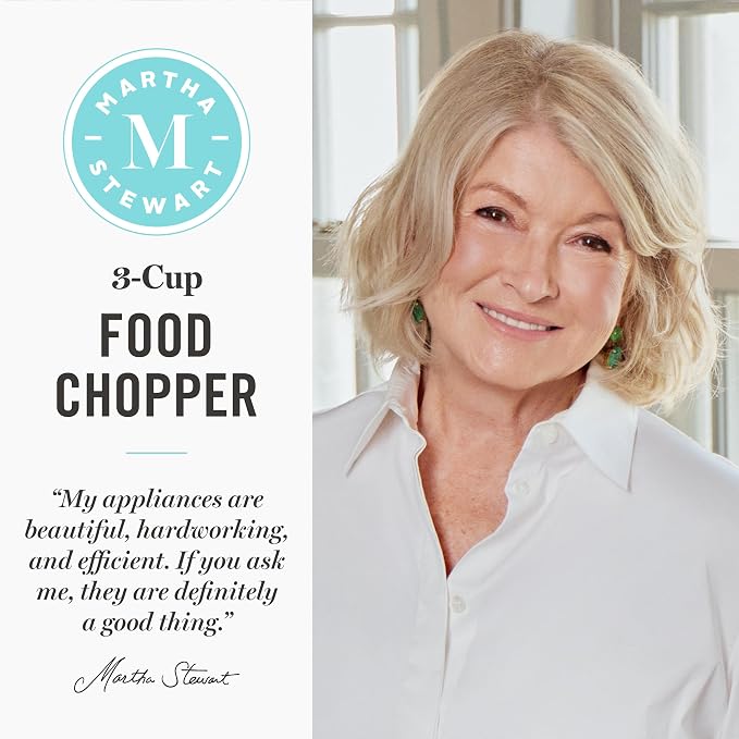 Martha Stewart 3 Cup Electric Vegetable Chopper & Mini Food Processor, Gray | 24oz BPA-Free Bowl, Stainless Steel Blades, Pour Spout, Dice, Puree, Mince, Chop Vegetables & Herbs, Dishwasher-Safe Parts